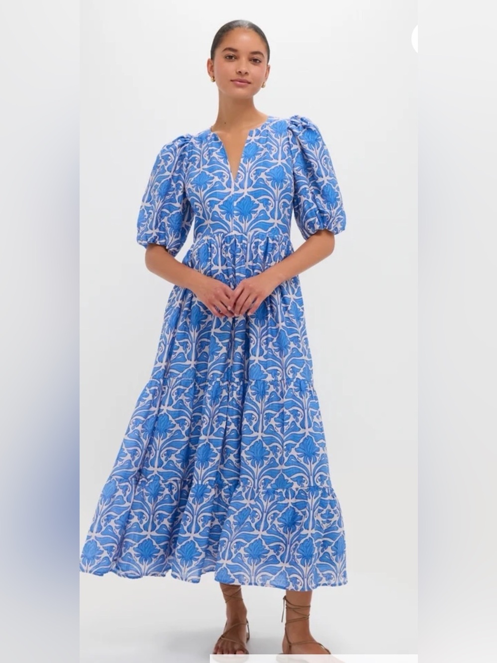 English Factory Blue Geo Floral Cara Puff-Sleeve Maxi Dress